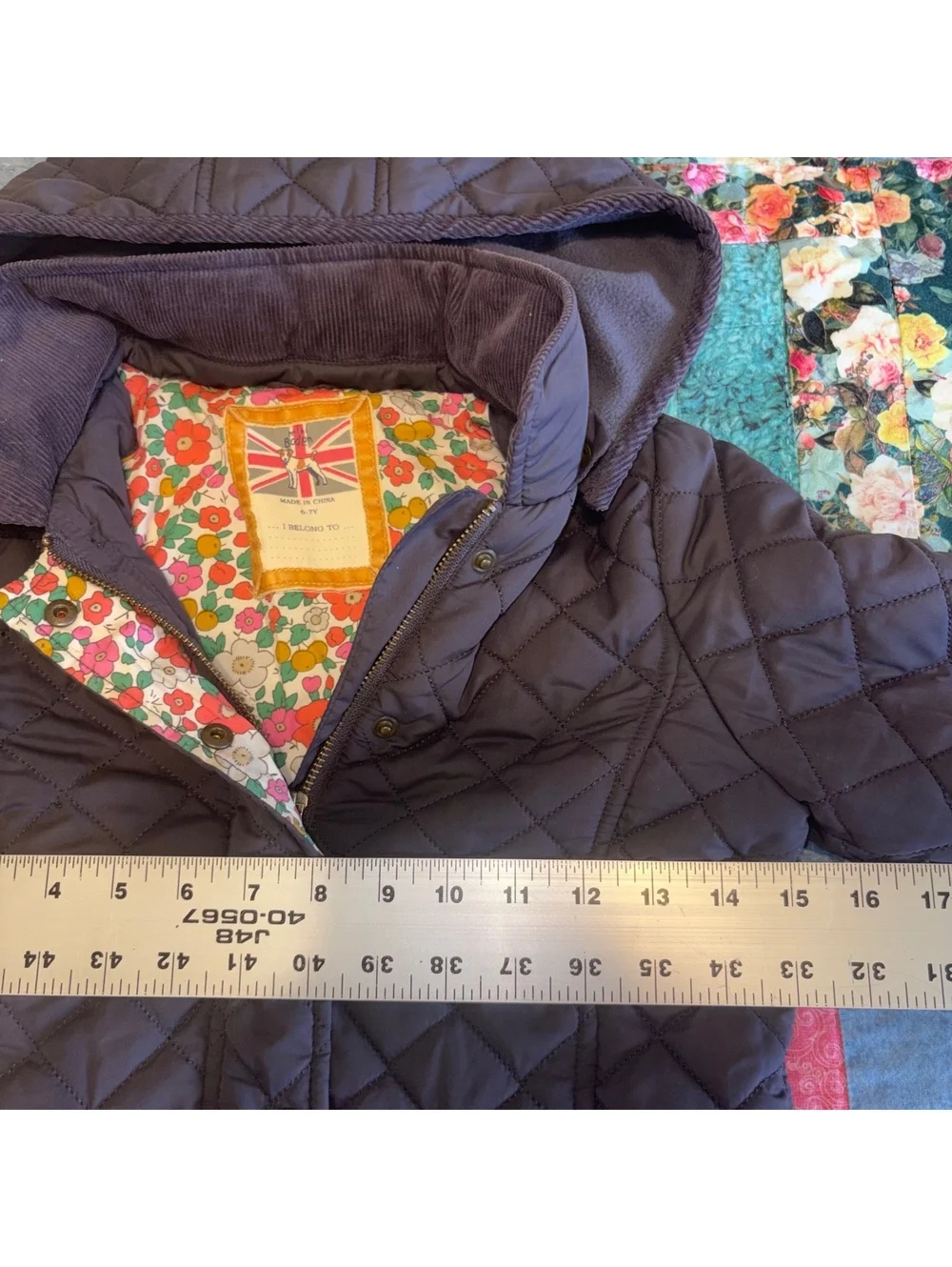 Mini Boden Girls 6-7Y Quilted Hooded Jacket with Floral Lining for Kids